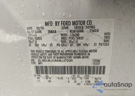 2010 Lincoln Mkx из США, поврежденный, VIN 2LMDJ6JC8ABJ27220